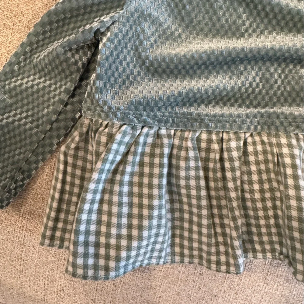 Ruffle Hem Velvet & Gingham Top - Green
